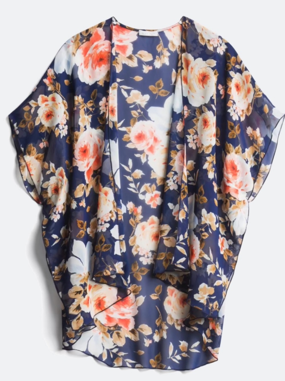 emory park Navy Floral Sheer Kimono with Coral & Cream Blooms